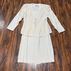 Vintage Women's Size 10 M‎ / L Skirt Suit White Lace Pearl 80's 90's 2pc Set